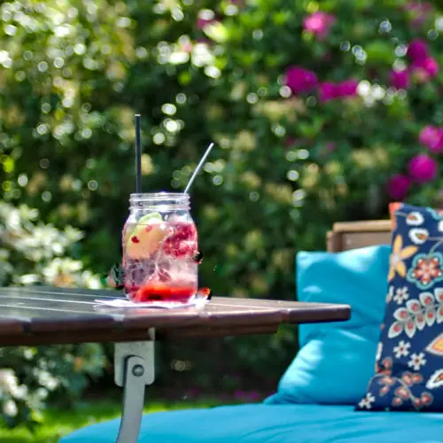 TwooDoo - selbstgemachte Limonade auf Gartentisch vor grünem Hintergrund