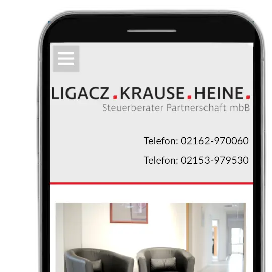 Klares Webdesign mit souveräner Typografie für die Steuerberaterkanzlei Ligacz, Krause und Heine